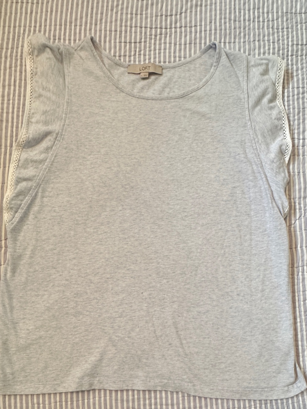 LOFT light heathered blue top flutter cap small sleeve lace edge L READ DESCRIP